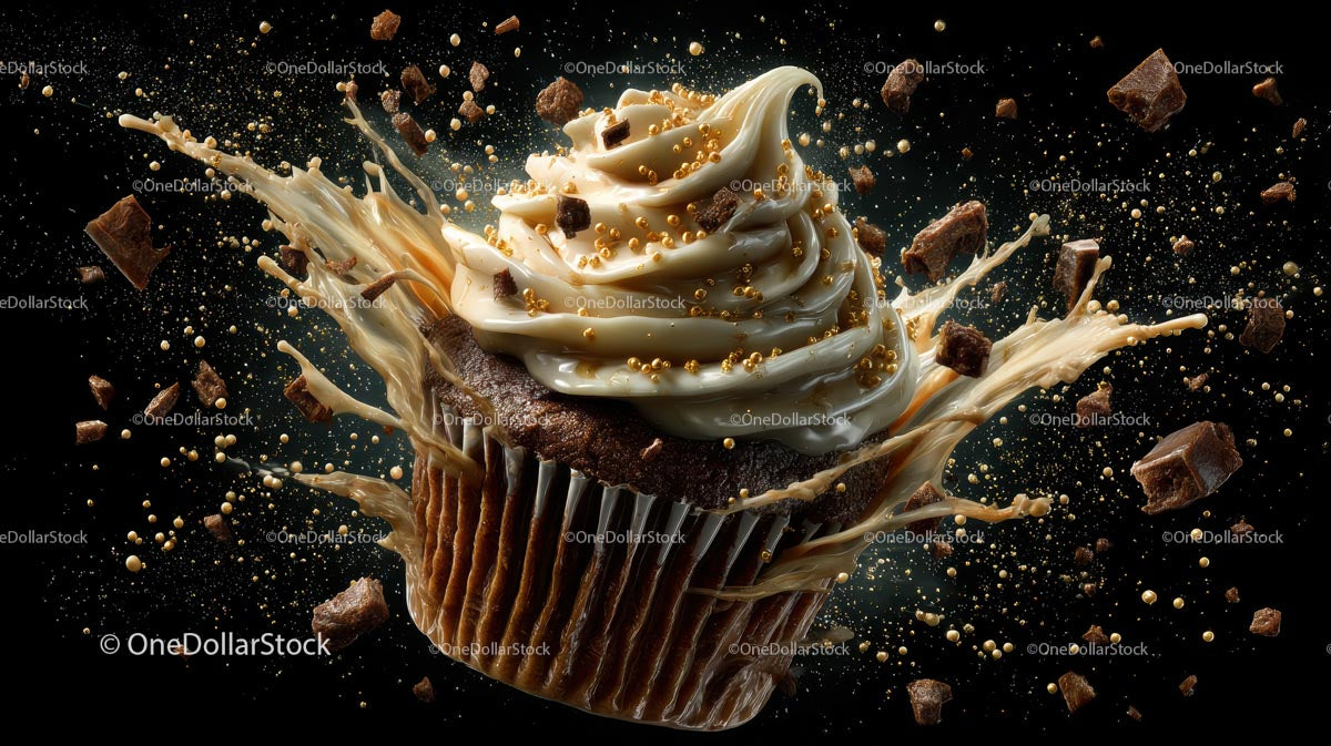 Chocolate Cupcake with Golden Sprinkles and Splash Effect