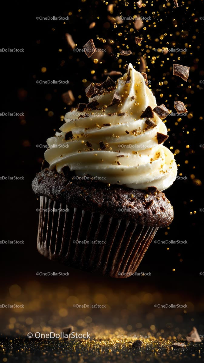 Chocolate Cupcake with Vanilla Frosting and Golden Sprinkles
