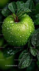 Green Apple with Water Droplets on Leafy Background