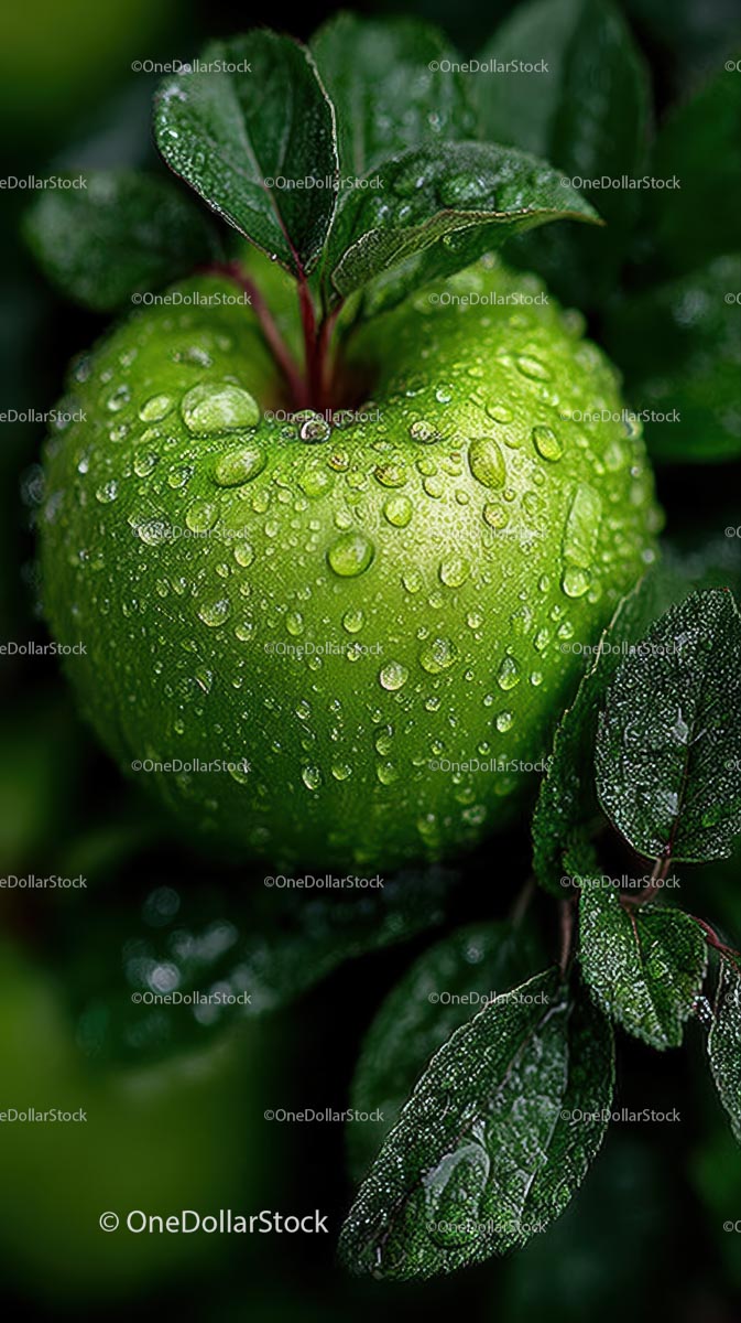 Green Apple with Water Droplets on Leafy Background