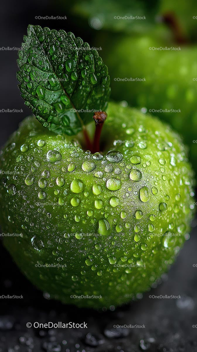 Close-Up of a Fresh Green Apple with Water Droplets