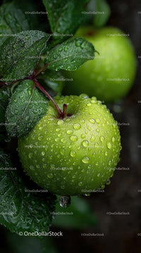 Fresh Green Apples with Dew on Leafy Branch
