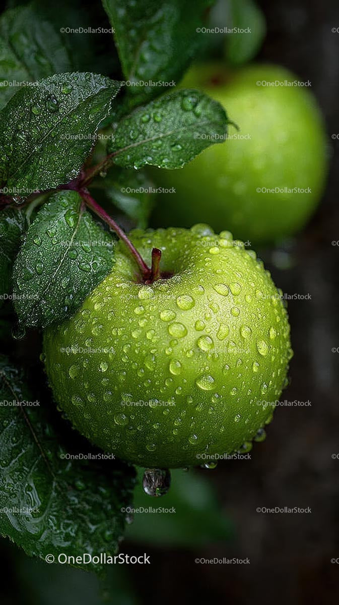 Fresh Green Apples with Dew on Leafy Branch