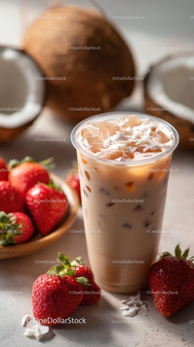 Iced Coffee with Coconut and Fresh Strawberries