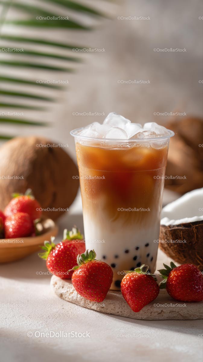 Iced Bubble Tea with Fresh Strawberries and Coconut