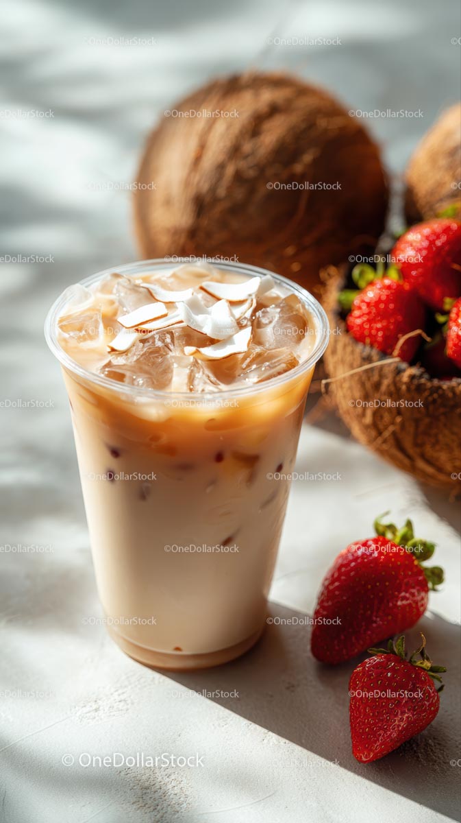 Iced Coffee with Coconut and Fresh Strawberries