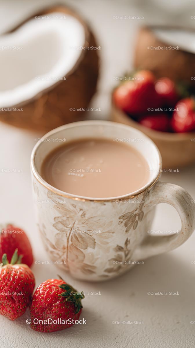Ceramic Mug with Coffee and Fresh Strawberries