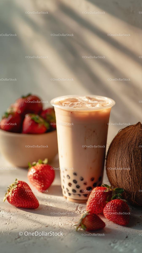Refreshing Bubble Tea with Strawberries and Coconut