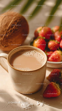 Cozy Coffee Moment with Fresh Strawberries and Coconut
