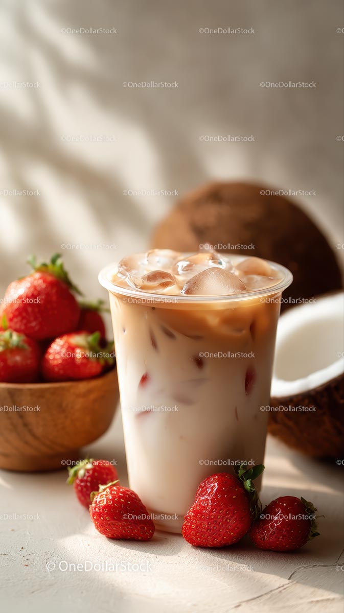 Iced Coffee with Fresh Strawberries and Coconut