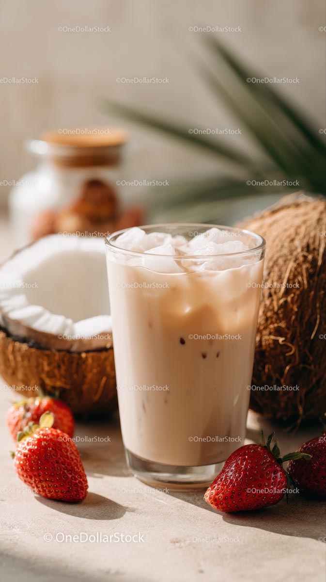 Iced Coconut Coffee with Fresh Strawberries on Sunlit Table
