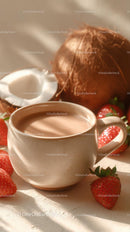 Cup of Coffee with Coconut and Fresh Strawberries