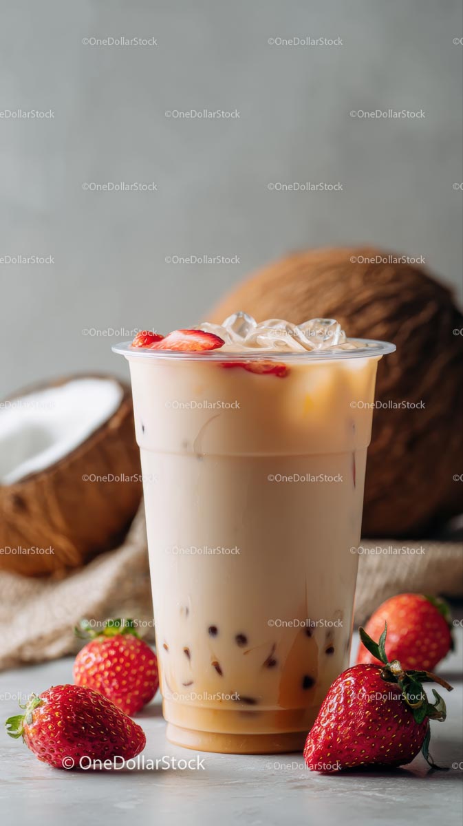 Iced Bubble Tea with Strawberries and Coconut
