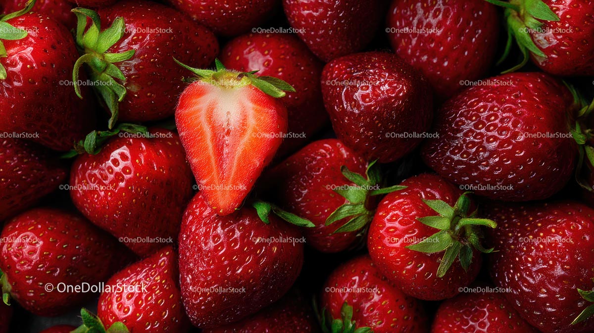 Vibrant Red Strawberries with a Sliced Berry Closeup