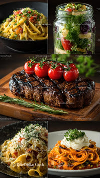 Gourmet Dishes: Pasta, Steak, and Fresh Salad Jar