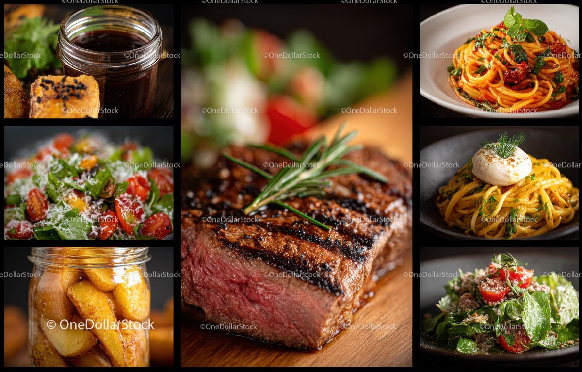 Kuchnia gourmet z grillowanym stekiem i mieszanką makaronów