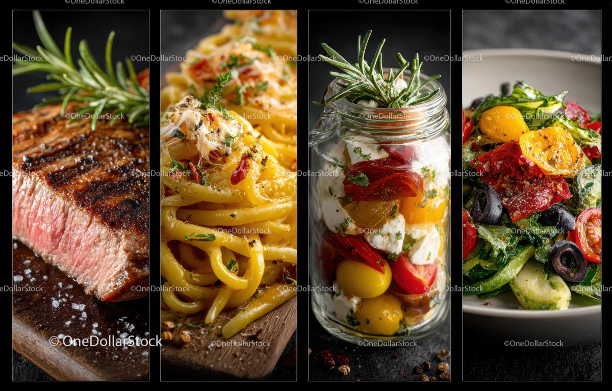 Gourmet Culinary Selection: Steak, Pasta, and Salad Delight