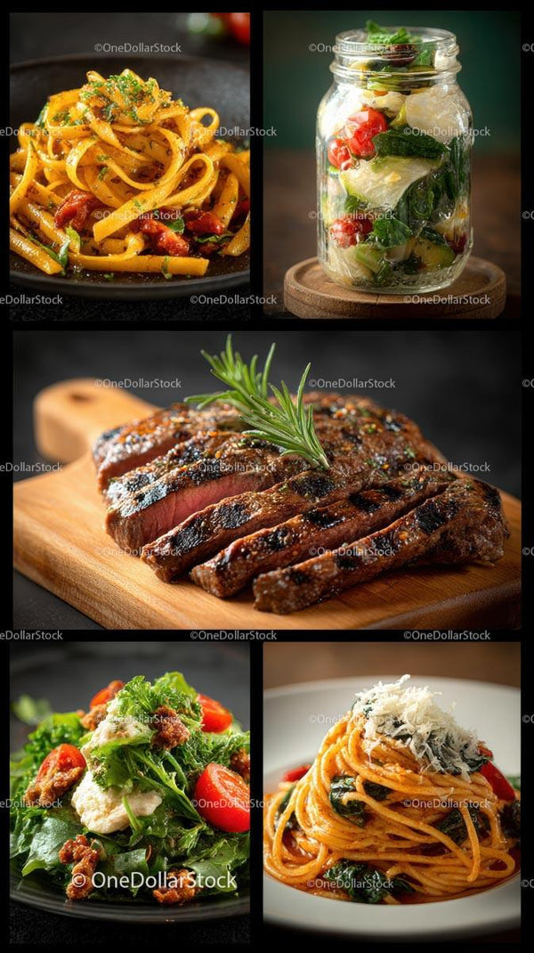 Gourmet makaron, świeża sałatka i różnorodność grillowanych steków