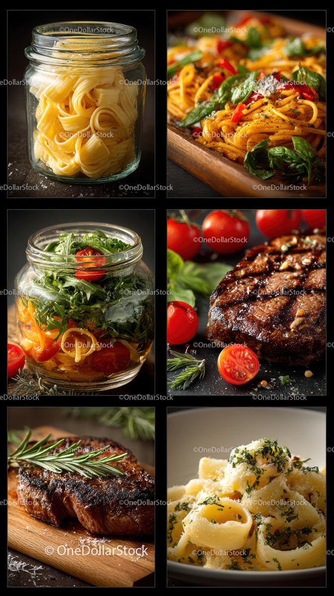 Gourmet Selection: Pasta, Steak, and Fresh Salad