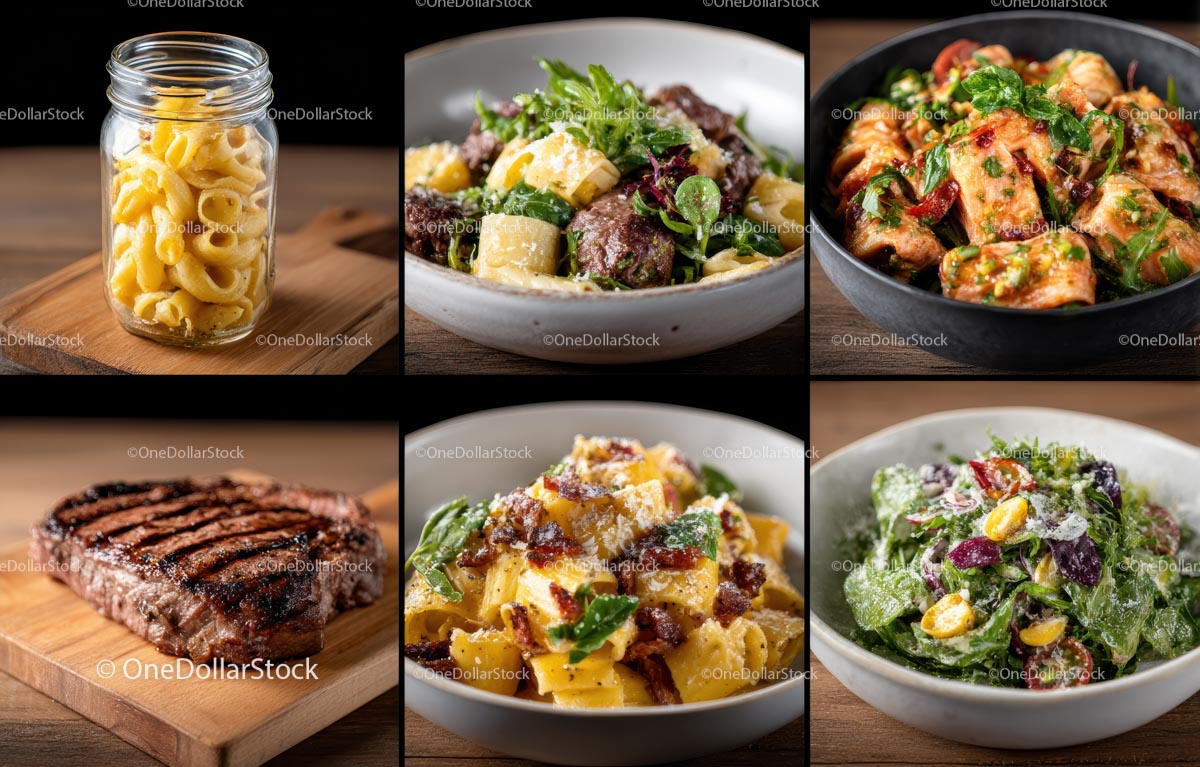 Delicious Pasta, Grilled Steak, and Fresh Salad Selection
