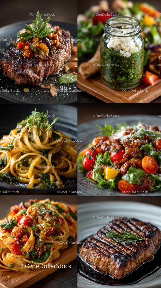Gourmet Dishes Featuring Steak, Pasta, and Fresh Salad