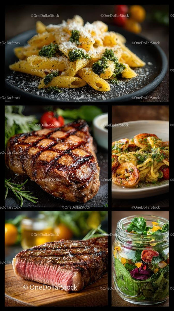Gourmet włoskie dania i grillowany stek ze świeżą sałatą