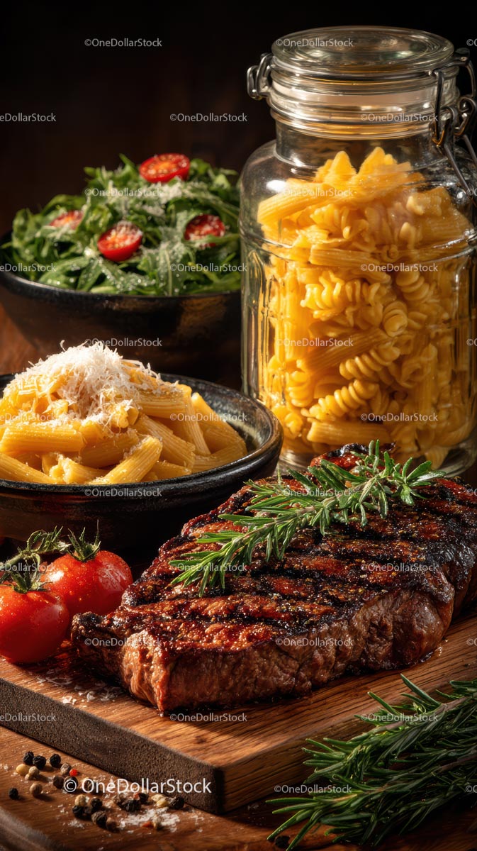 Stek gourmet i makaron ze świeżą sałatką