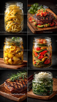 Delicious Gourmet Jars: Pasta, Vegetables & Grilled Steak