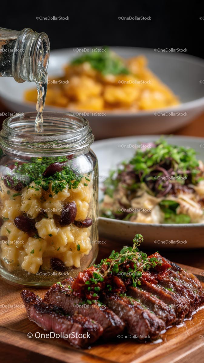 Wykwintny grillowany stek z makaronem w kremowym sosie i ziołami