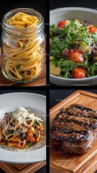 Exquisite Italian Dishes: Pasta, Salad, and Grilled Steak