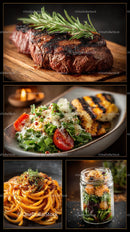 Assorted Gourmet Dishes with Grilled Steak and Fresh Salad