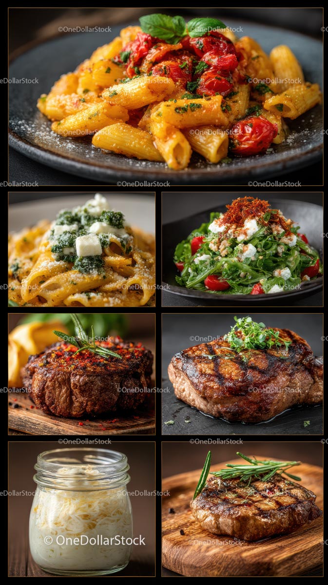 Gourmet Cuisine Featuring Pasta, Salad, and Juicy Steaks