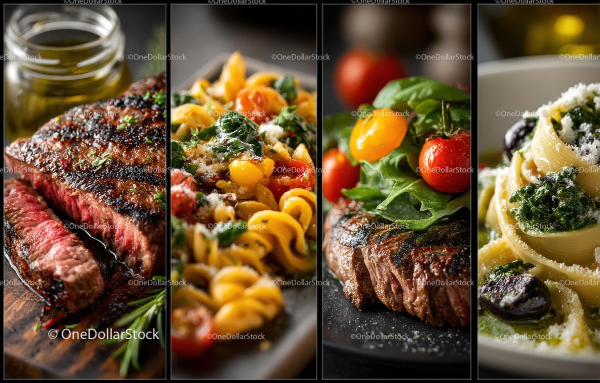 Kuchnia gourmet: grillowany stek i świeże rodzaje makaronu