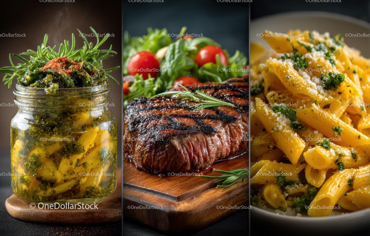 Słoik z ziołami Gourmet, pieczony stek i włoski makaron Penne