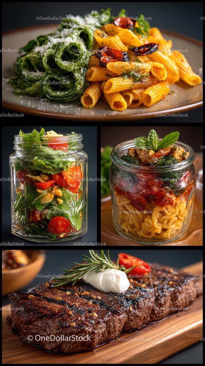 Różne dania gourmet z makaronem i grillowanym stekiem