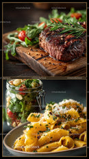 Gourmet Grilled Steak with Fresh Salad and Italian Pasta