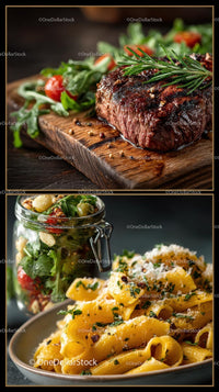 Gourmet Grilled Steak with Fresh Salad and Italian Pasta