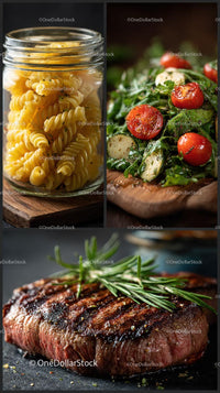 Gourmet Grilled Steak with Fresh Salad and Pasta in Jar