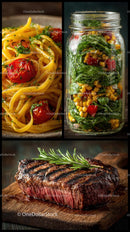 Gourmet Pasta, Fresh Salad, and Grilled Steak Trio