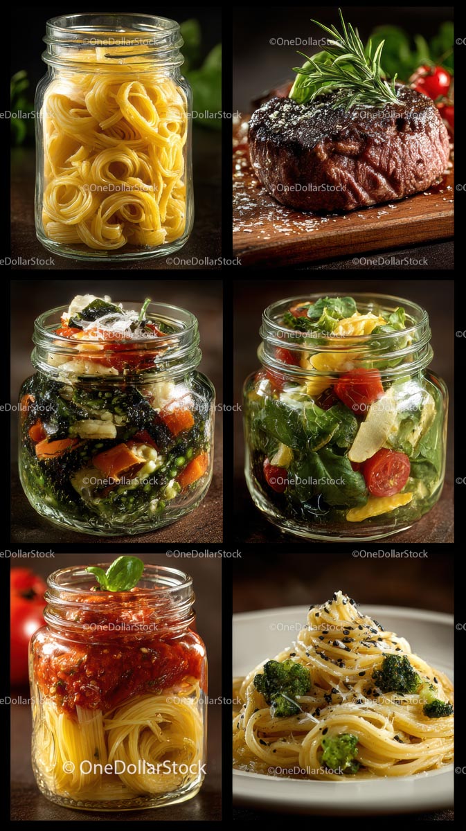 Kolekcja żywności gourmet w słoikach i talerzach
