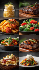 Gourmet Dishes Featuring Steak, Pasta, and Fresh Vegetables