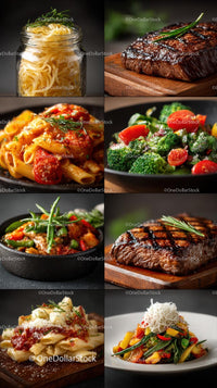 Gourmet Dishes Featuring Steak, Pasta, and Fresh Vegetables
