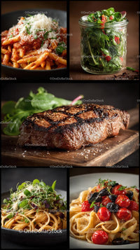 Delicious Italian Dishes with Grilled Steak and Fresh Salad