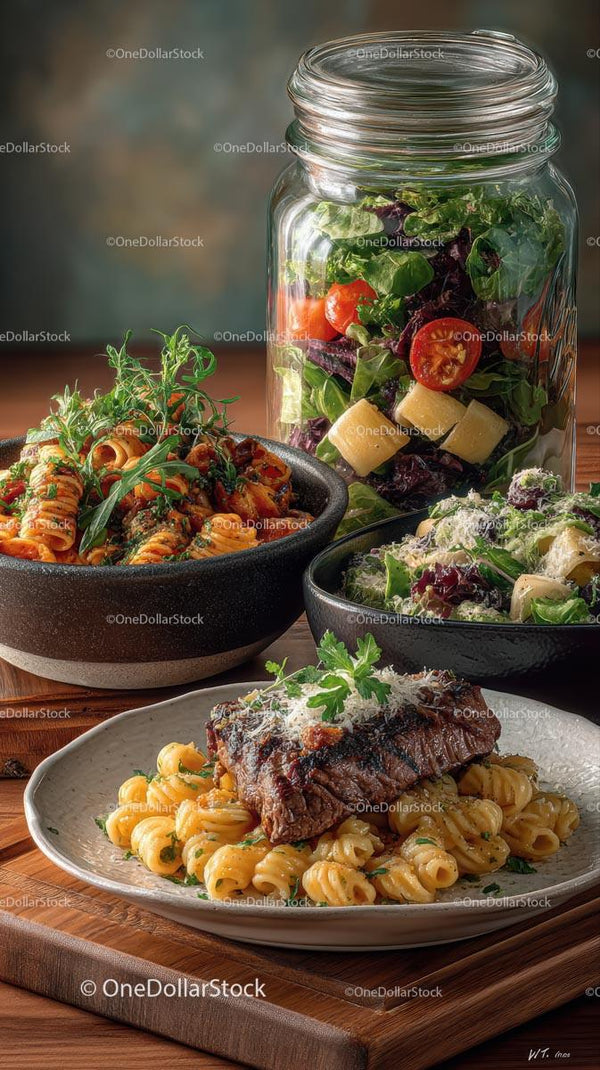 Gourmet makaron i stek ribeye z świeżą sałatką