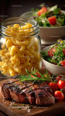 Grilled Steak with Fresh Salad and Pasta in Glass Jar