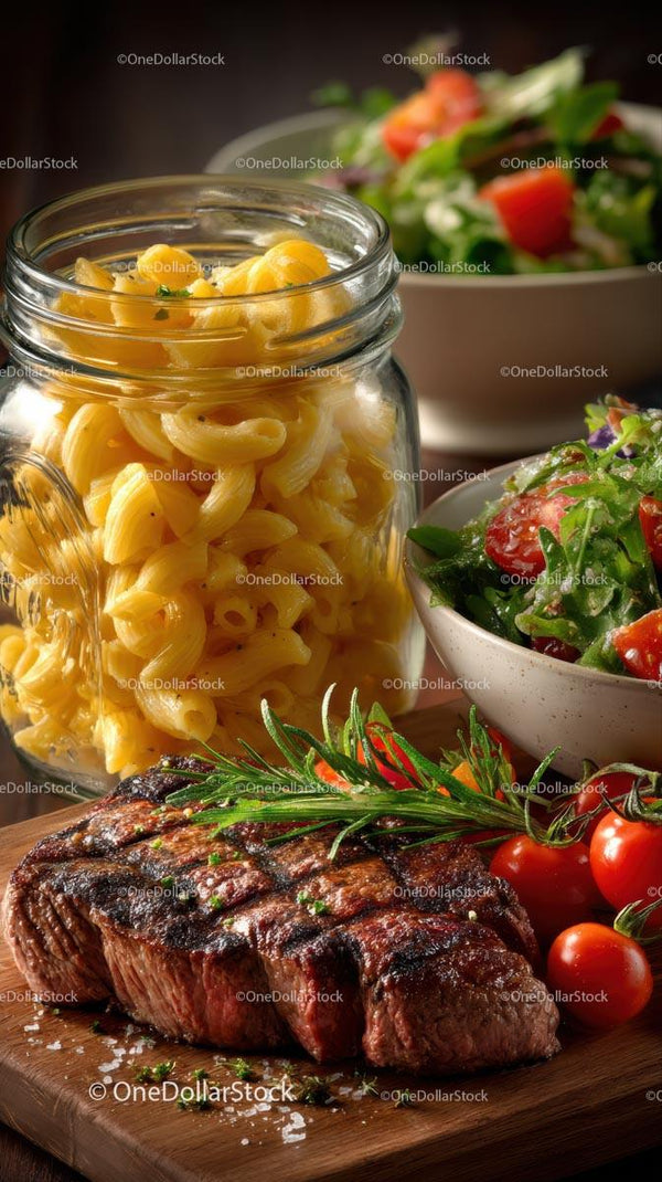 Stek z grilla z świeżą sałatą i makaronem w szklanym słoiku