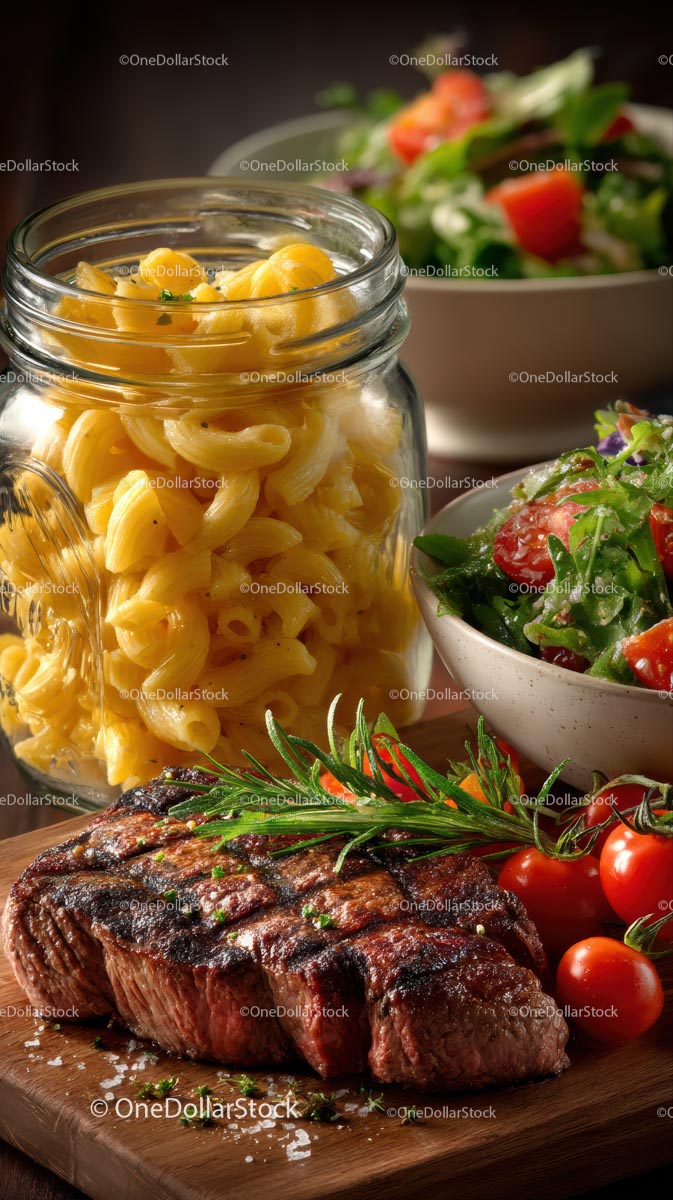 Grillowany stek ze świeżą sałatką i makaronem w szklanym słoiku