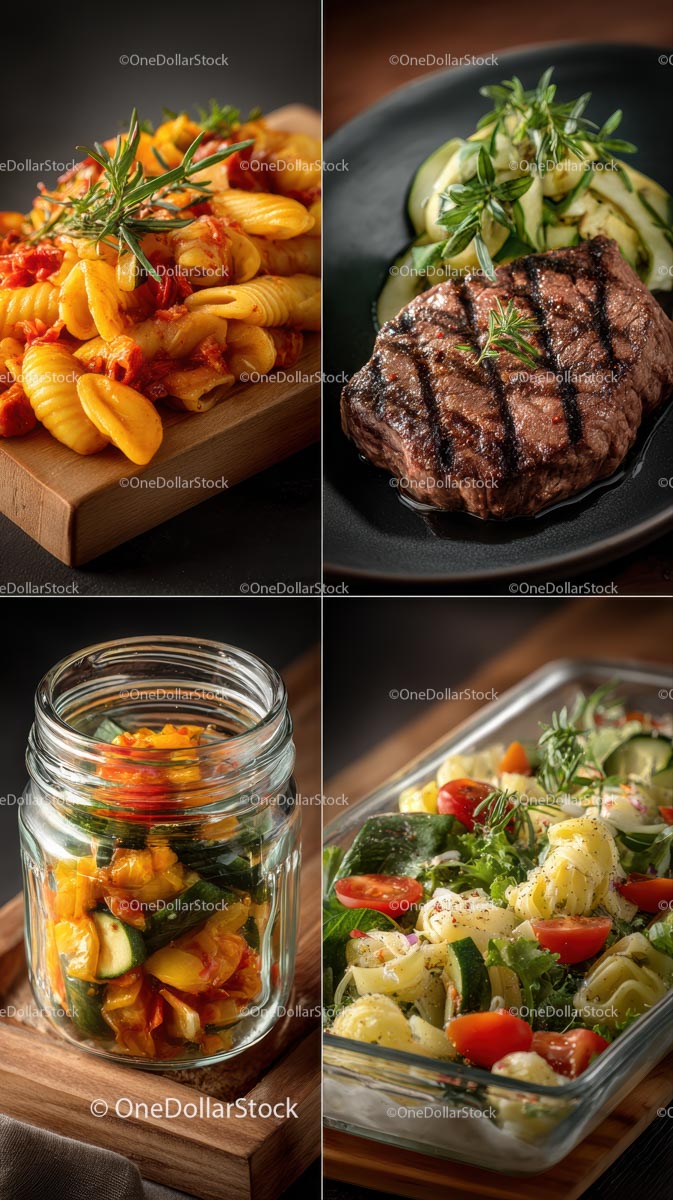 Grillowany stek z sałatką z cukinii i wykwintnymi daniami z makaronu
