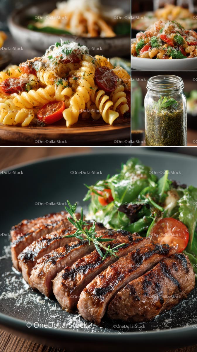 Danie z makaronem gourmet i soczystym grillowanym stekiem