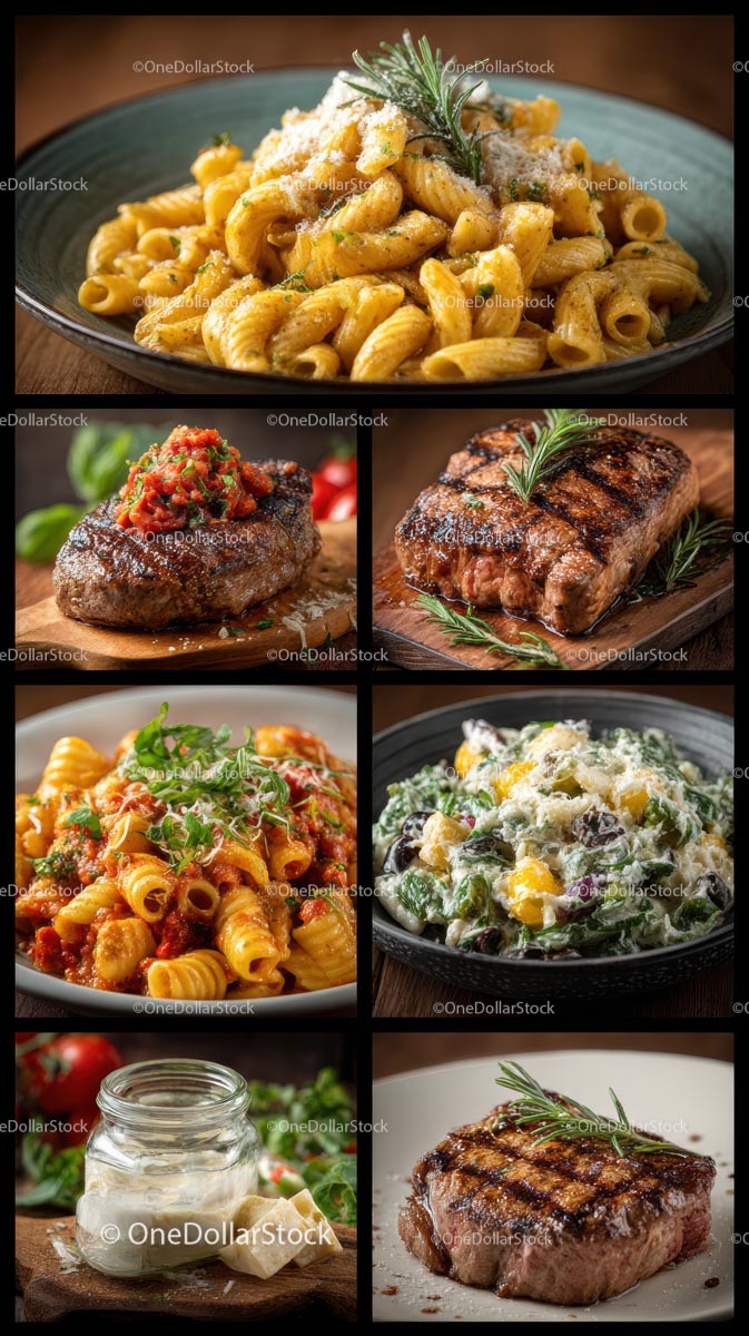 Pyszny makaron i grillowany stek z dodatkiem rozmarynu